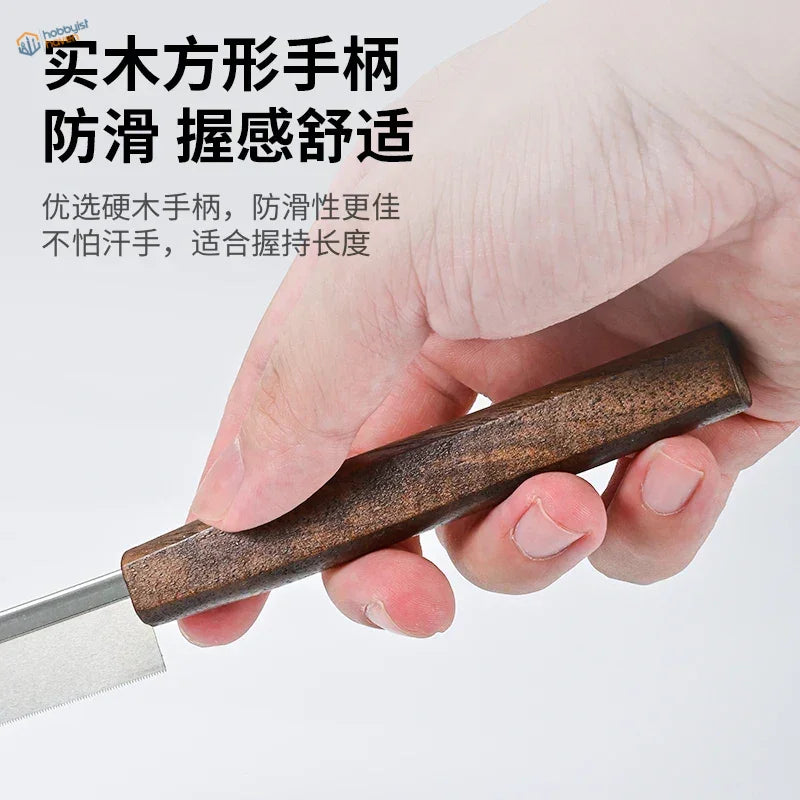 Dark brown wooden handle of Mo Shi modeling backsaw with metallic blade
