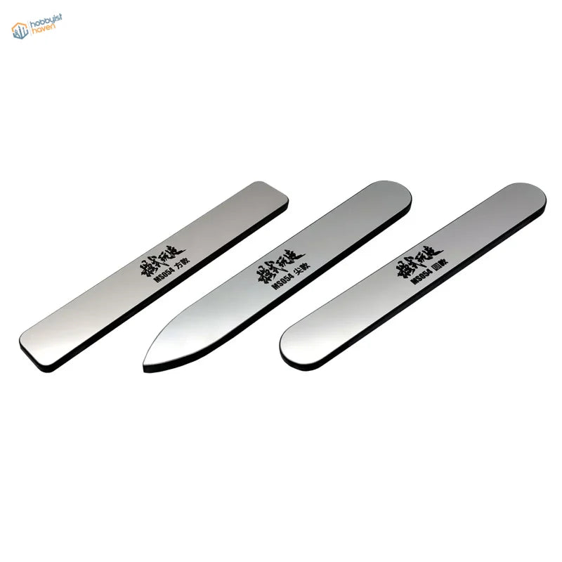 Shi tools glass file: three sleek stainless steel shirt pressers with Japanese characters