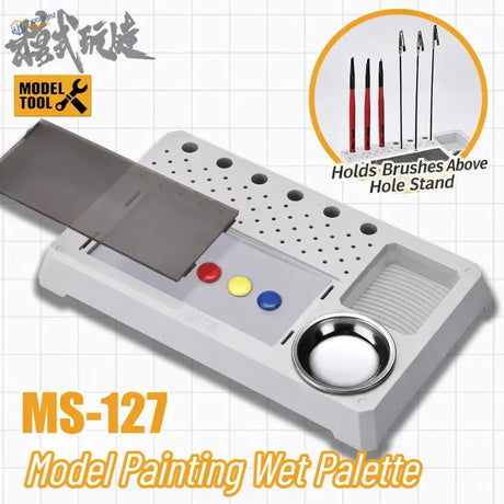 Gray plastic wet palette with built-in metal bowl, three colored buttons, and brush holder for mo shi tools model painting
