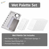 White plastic wet palette tray with stainless steel mixing dish and dispersing paper for Mo Shi Tools model painting