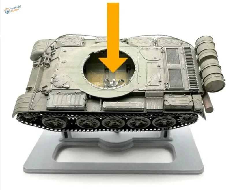 Gray T-72 tank in model AFV holder with detailed turret and tracks