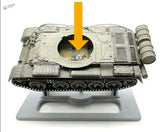 Gray T-72 tank in model AFV holder with detailed turret and tracks