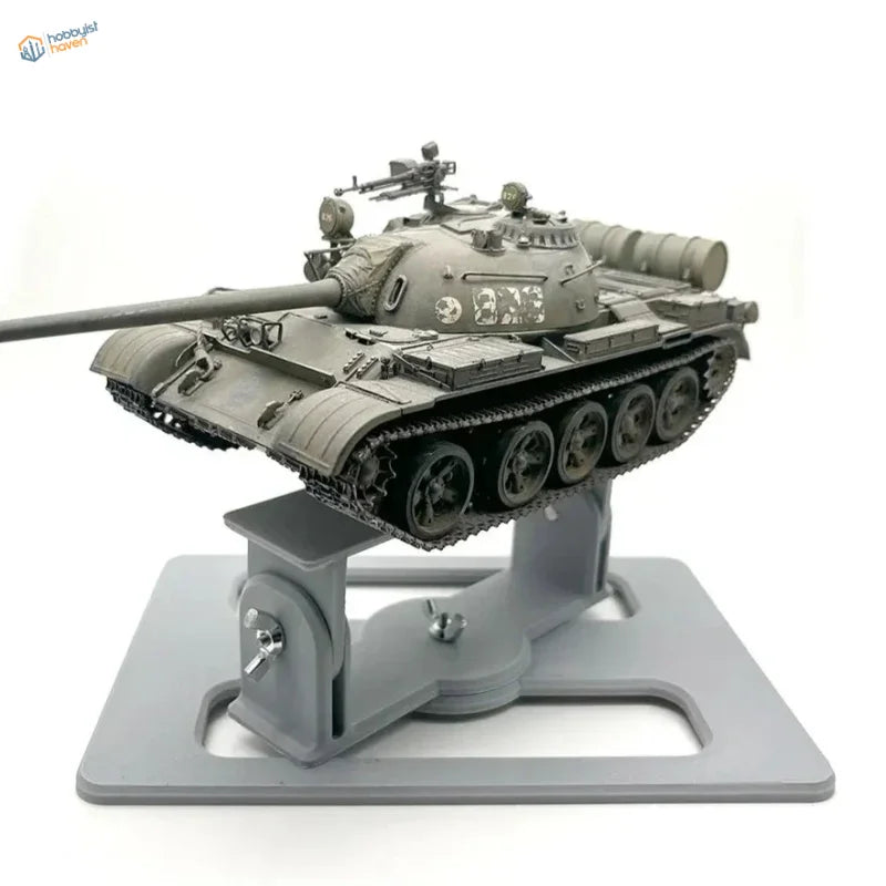 Gray plastic T-54/55 tank model on Model AFV Holder display stand