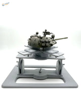 Model AFV holder with olive-drab tank model on gray stand