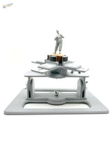 Gray plastic soldier on multi-level Model AFV Holder stand