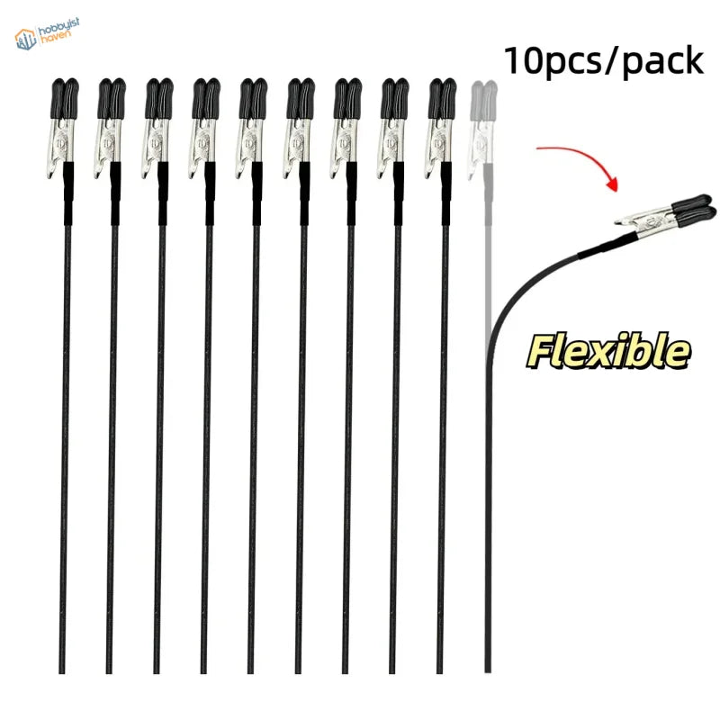 Ten black flexible alligator clips with silver metal jaws packaged for easy handling in a model painting clip and stand system magnetic alligator clips