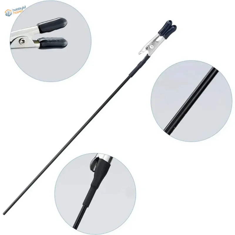 Black long-handled paper clip with black rubber grips and metallic spring as magnetic alligator clip for model painting
