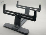 Gray plastic model ship holder with adjustable arms and pivot