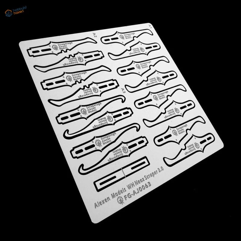 White plastic mold line remover template with die-cut knife blade shapes