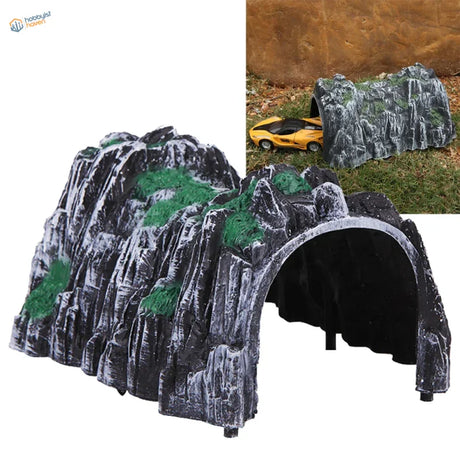 Black and green plastic mountain rock tunnel with faux moss accents for model railway scenery pre-painted ready to use