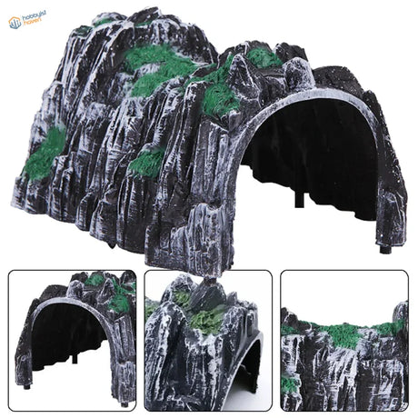 Black and green plastic mountain rock tunnel with faux moss accents for model railway scenery pre-painted and ready to use