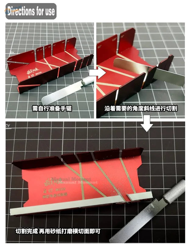 Red multi-angle cutting tool with gold measurement lines and engravings