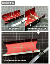 Red multi-angle cutting tool with gold measurement lines and engravings
