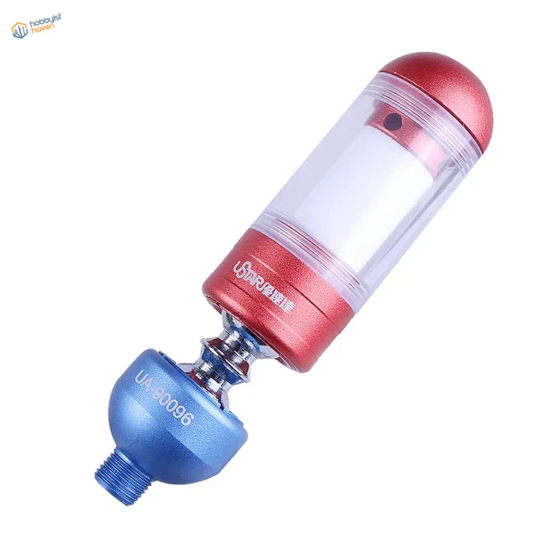 Red and blue metallic movable moisture trap with transparent middle section