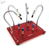 Bestool multifunction soldering station with red aluminum workbench, silver gooseneck arms, black alligator clips for scale modeling