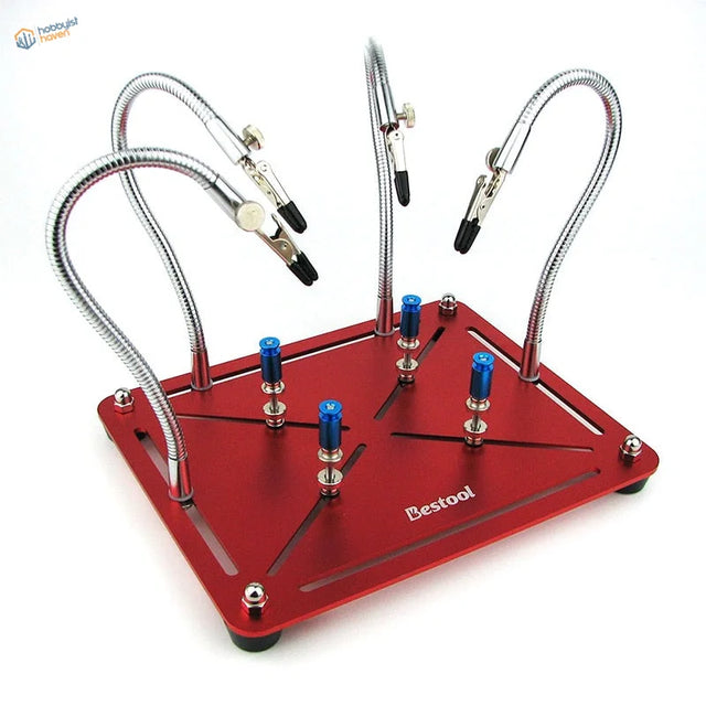 Bestool multifunction soldering station with red aluminum workbench, silver gooseneck arms, black alligator clips for scale modeling
