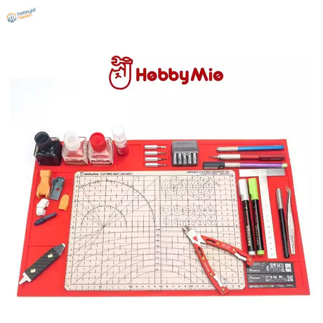 Red hobbymio durable silicone work pad with grid and circular guides