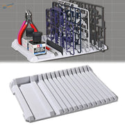 Gray plastic multifunctional sprue holder tray with labeled parts slots