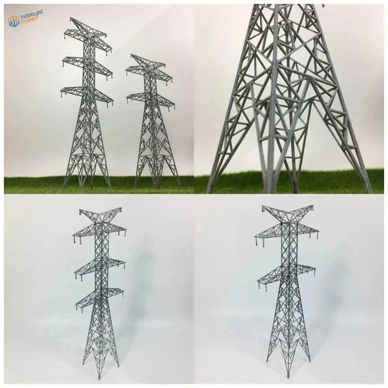 Gray metal lattice transmission towers in multiple scales