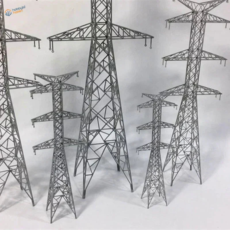 Silver metal lattice transmission towers in multiple scales