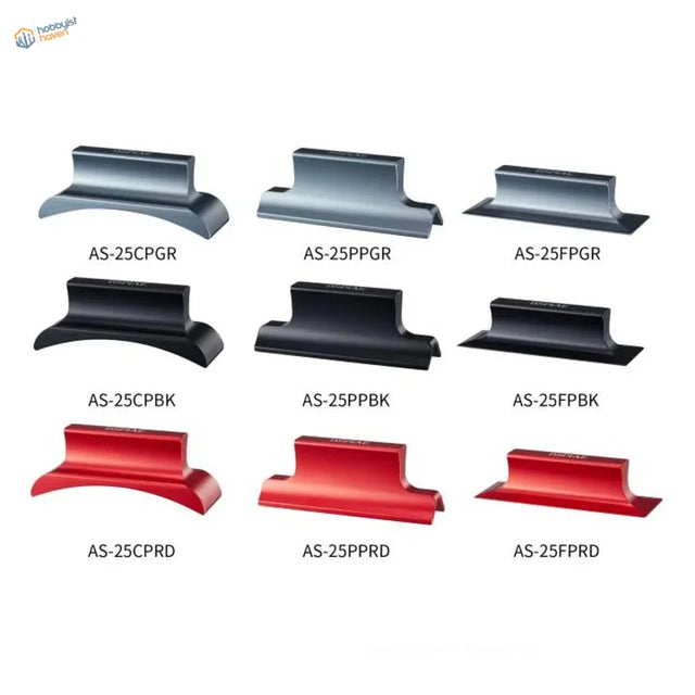 Nine angled sanding boards with metallic gray, black, red car mount bases