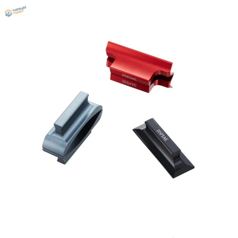 Red black gray metallic tool holders on angled sanding boards