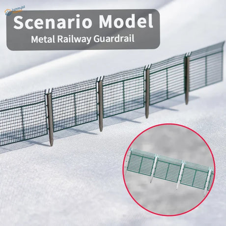 Green metal n scale metal railway guardrail with authentic mesh-panel design and vertical posts safety fence set