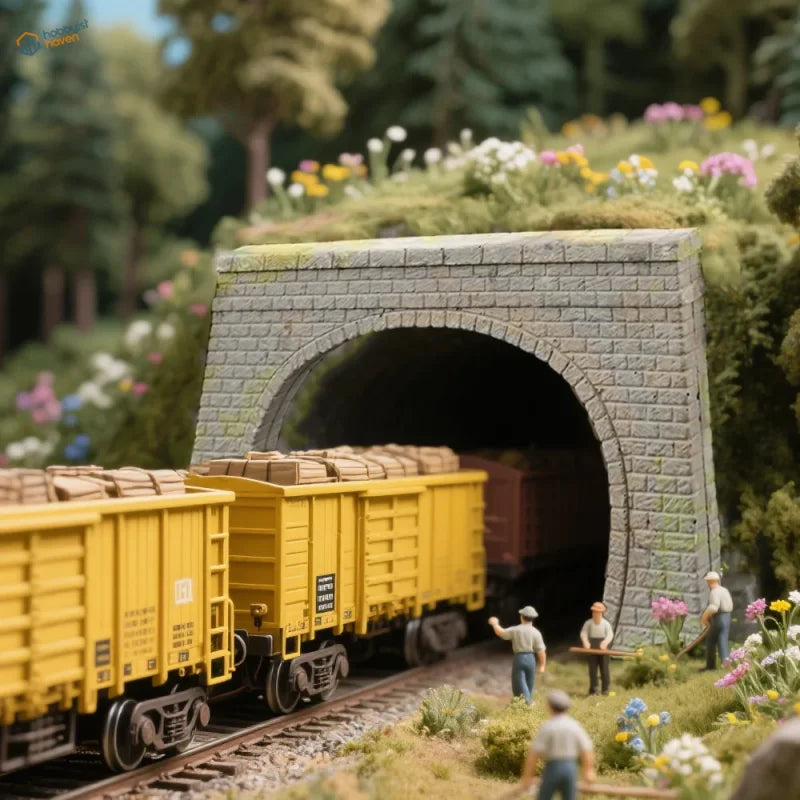 N scale gray stone tunnel portal with mossy arch opening surrounded by greenery for model railway scenery