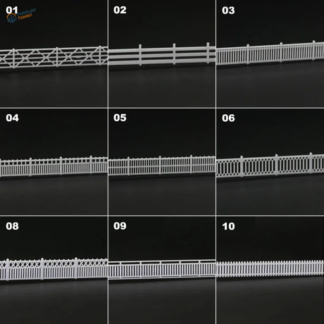 N scale white plastic garden fence panels with lattice-top picket and decorative designs for station platform models