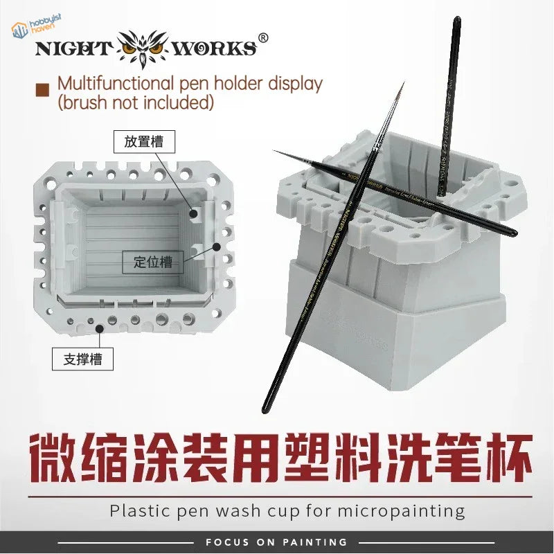 Nightworks gray plastic brush washing cup with brush slots for micropainting