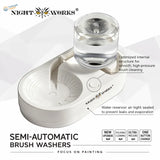 NightWorks brush cleaning station white plastic semi-automatic brush washer with clear glass reservoir and circular button