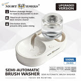 NightWorks brush cleaning station white semi-automatic with clear glass reservoir and tilted cleaning holder for brush cleaning