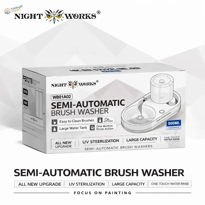 White rectangular box for night works semi-automatic brush cleaning station showing product details and device illustration