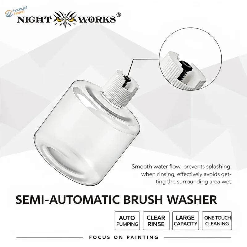 NightWorks clear plastic semi-automatic brush cleaning station with white ribbed cap and black screw for one-touch cleaning