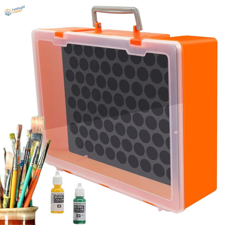 Orange plastic paint bottle organizer suitcase with clear lid for scale modeling tools