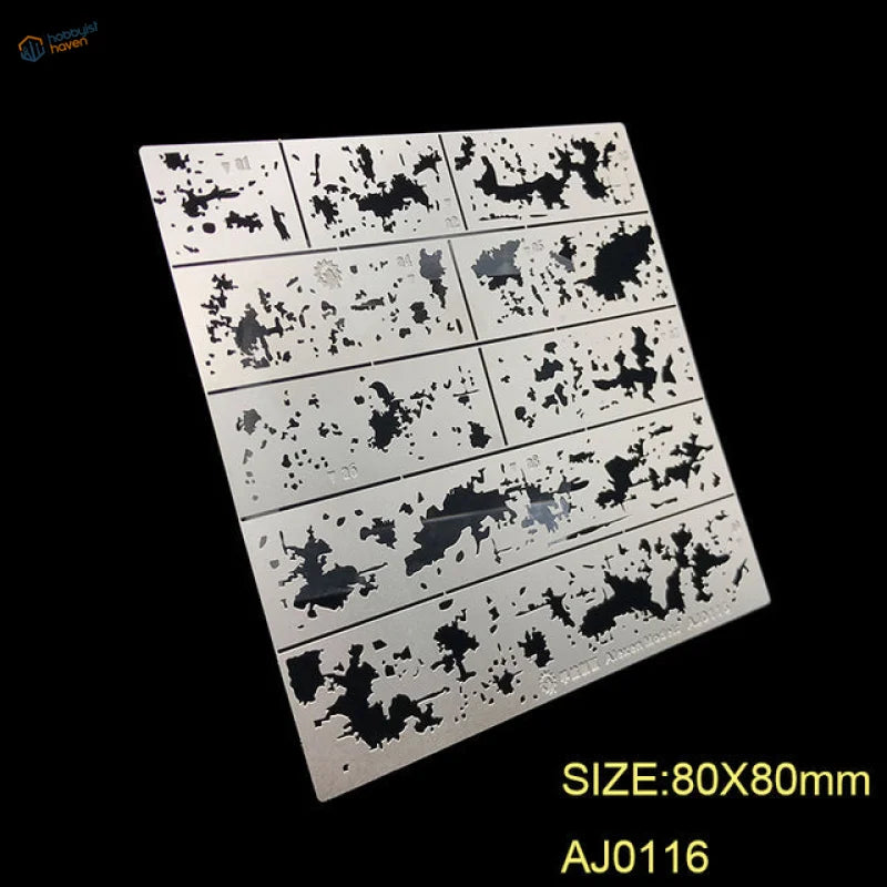 Silver metal stencil aj0116 with black paint falling splatter for scale modeling