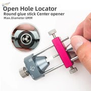 Pink and gray metal open hole locator for round glue stick center opening.