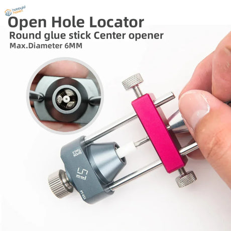 Pink and gray metal open hole locator for round glue stick center opening.