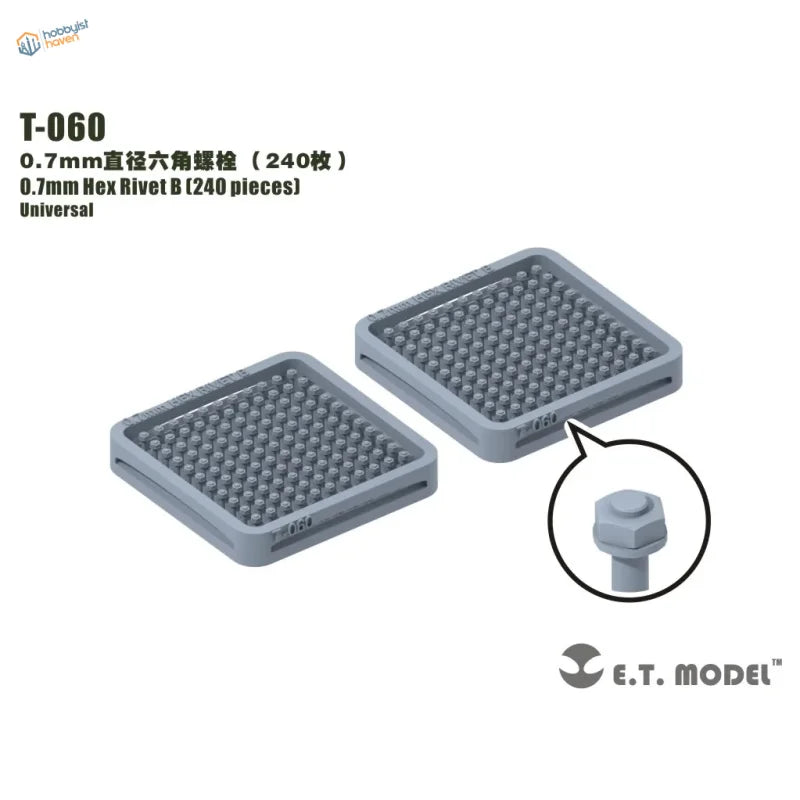240 gray plastic trays of 0.7mm 3D-printed hexagonal rivets model T-060 by E.T