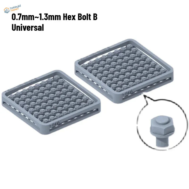 3D-printed hexagonal rivets: gray trays of 0.7mm-1.3mm universal hex bolts