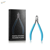 Blue-handled photo-etch bending pliers with metallic jaws for scale modeling tools