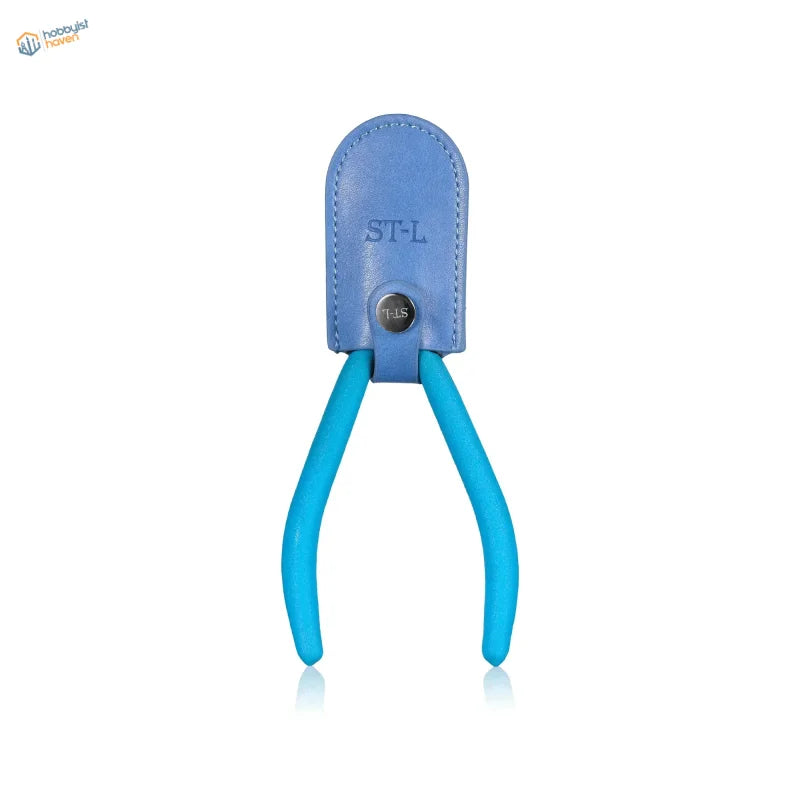 Blue leather-wrapped bending pliers with turquoise handles for scale modeling