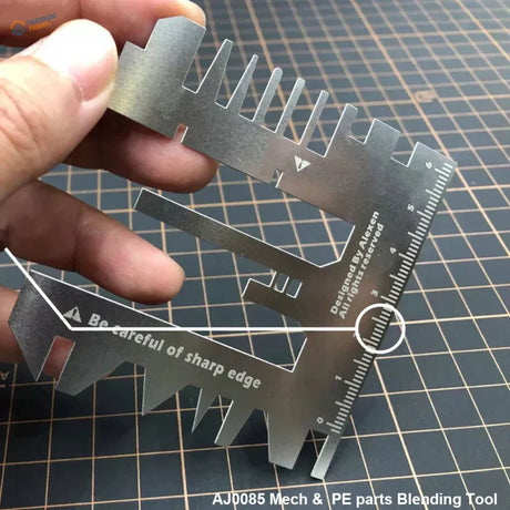 Photo etch bending tool with silver multi-tool, ruler markings, sharp edges