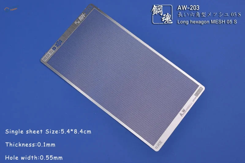 Silver long hexagon mesh stencil with 0.5mm holes and 0.1mm thickness model aw-203 by Kawa for scale modeling tools