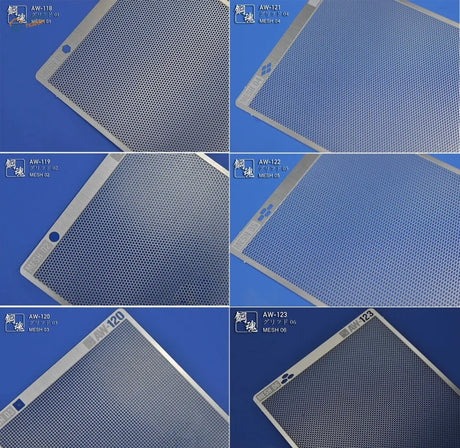 Silver-colored metal photo-etch vent mesh panels with uniform grid and reinforced edges for scale modeling tools