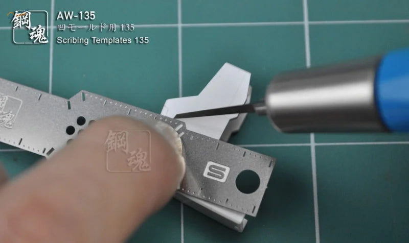 Silver AW-135 photoetched scribing template with engraved markings