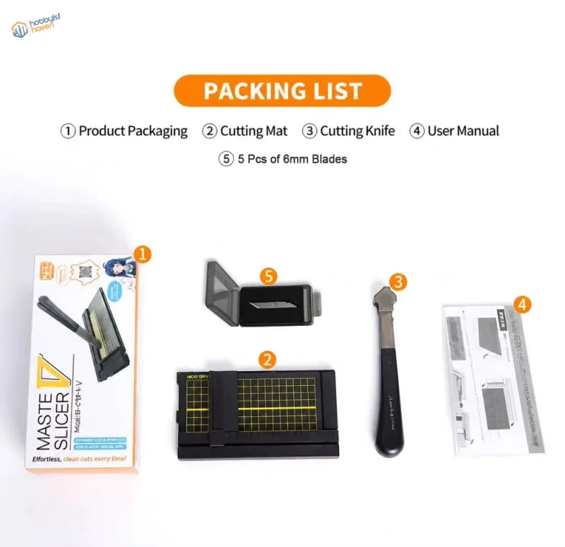Master Slicer V packing list: retail box, cutting mat, cutting knife, user manual and 5 pcs of 6mm blades