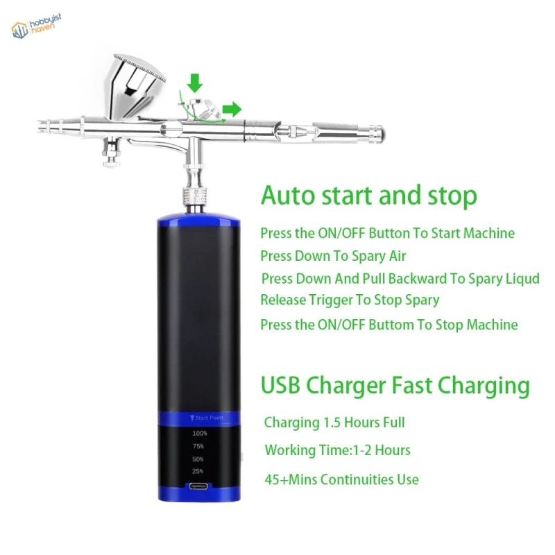 Portable cordless airbrush with silver gun and black blue battery pack