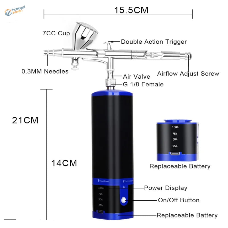 Portable cordless airbrush with silver black gun and blue battery