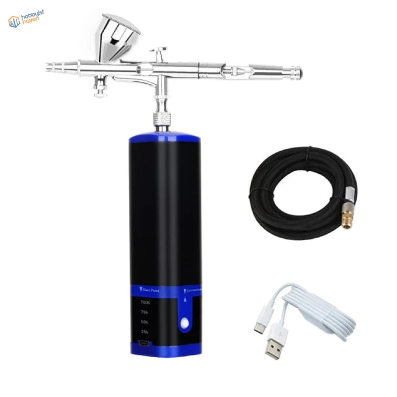 Portable cordless airbrush with silver gun and black blue power unit